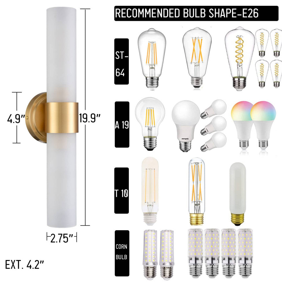 Modern Gold Bathroom Sconces Cylinder Frosted Glass, 2-Light