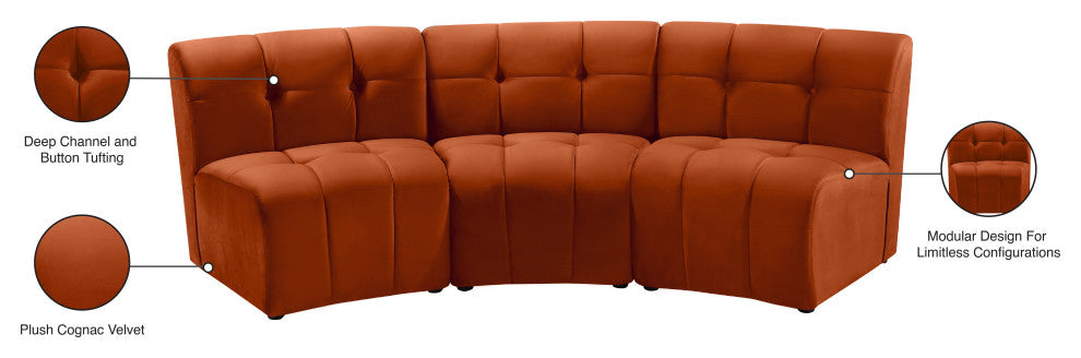 Limitless Velvet Upholstered 3-Piece Modular Sectional, Cognac