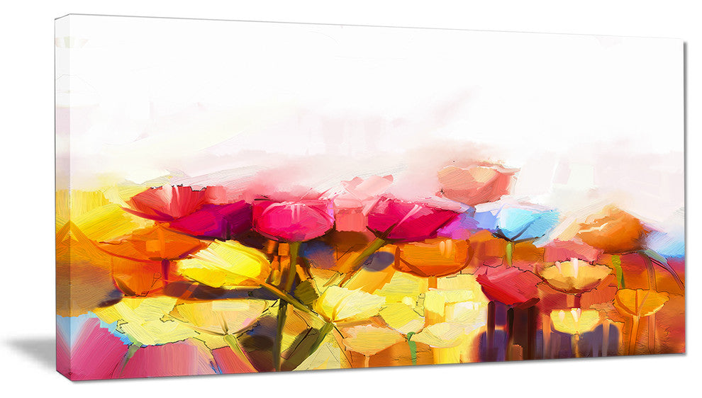 Yellow Pink Red Tulips on White, Large Floral Canvas Artwork, 32"x16"