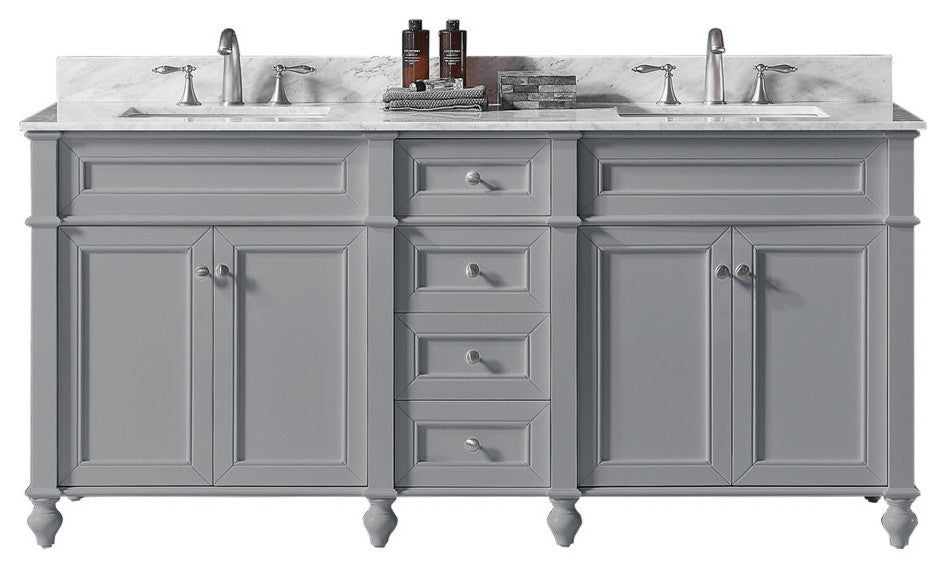 72" Double Bathroom Vanity, Taupe Gray with Carrara White Marble Top