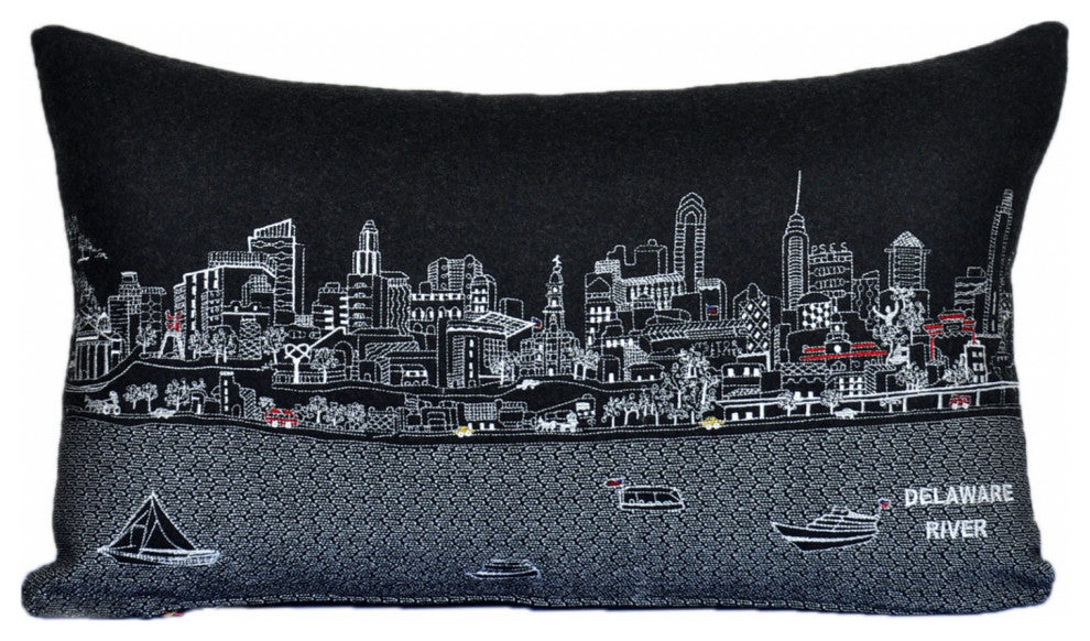 25" Black Philadelphia Nighttime Skyline Lumbar Decorative Pillow
