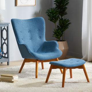 Hariata Mid-Century Modern Wingback Chair and Ottoman Set, Muted Blue