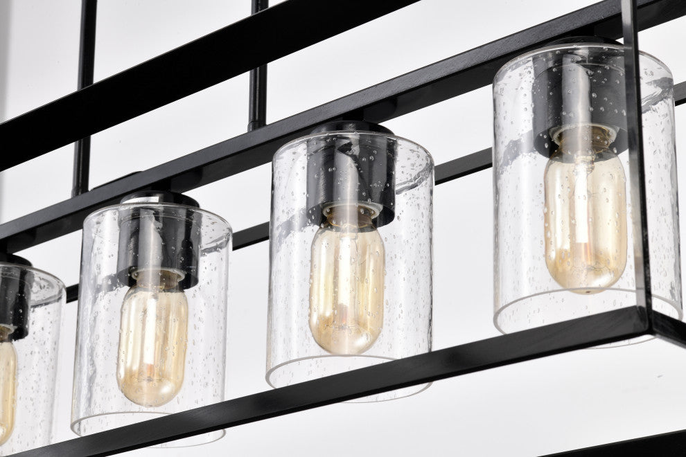 5-Light Antique Black Rectangular Kitchen Island Chandelier With Glass Shades