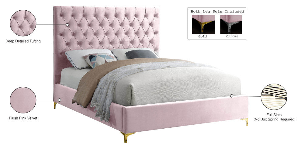 Cruz Velvet Upholstered Bed, Pink, Full