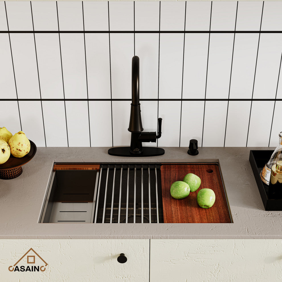 32in Single Bowl Undermount Workstation Kitchen Stainless Steel Sink with Faucet, Matte Black