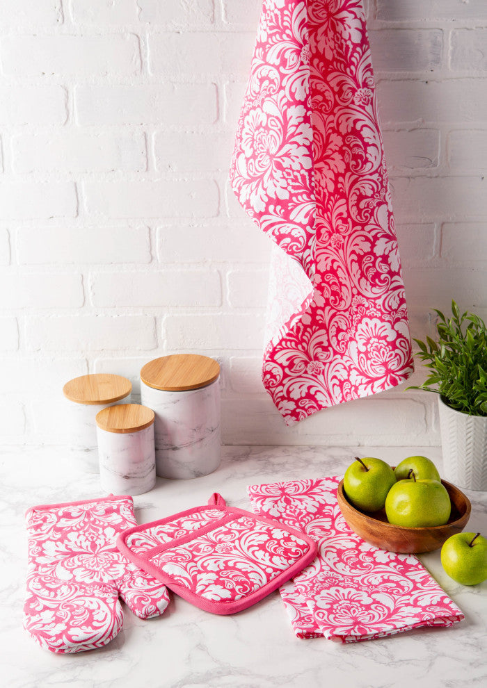 DII Pink Damask Oven Mitt & Potholder Set