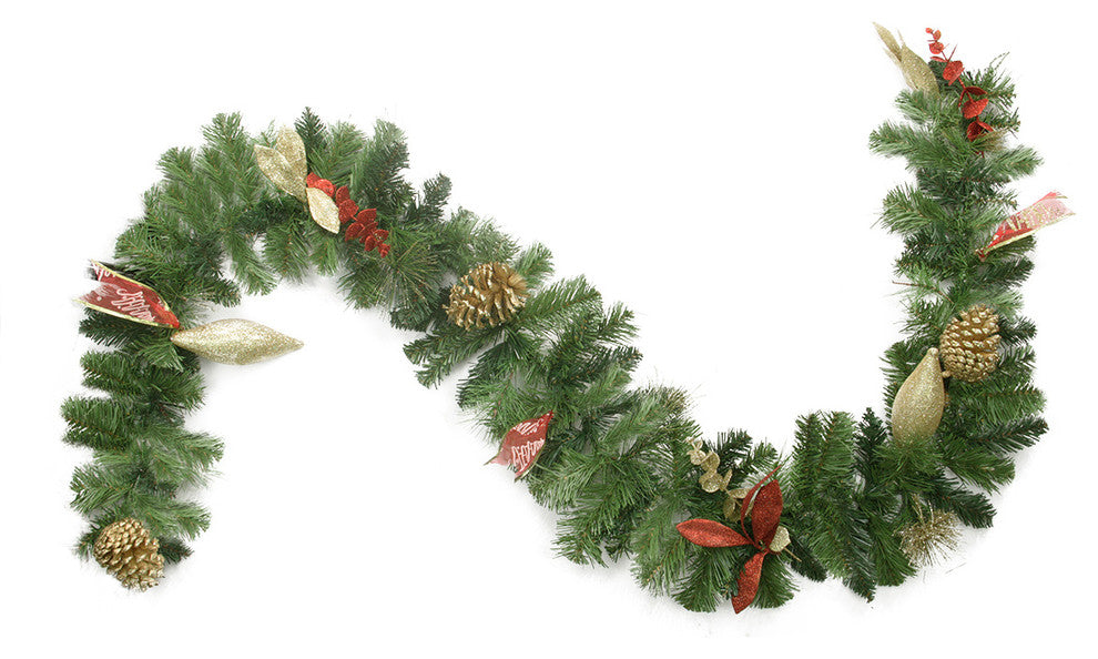 Pre-Decorated Gold Pine Cone Eucalyptus and Red Bow Artificial Garland, 6'