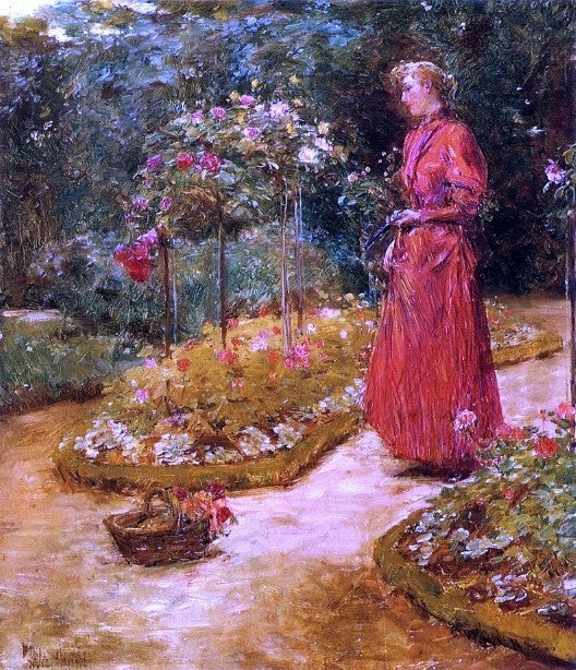 Frederick Childe Hassam Woman Cutting Roses in a Garden Gallery Wrapped Canvas