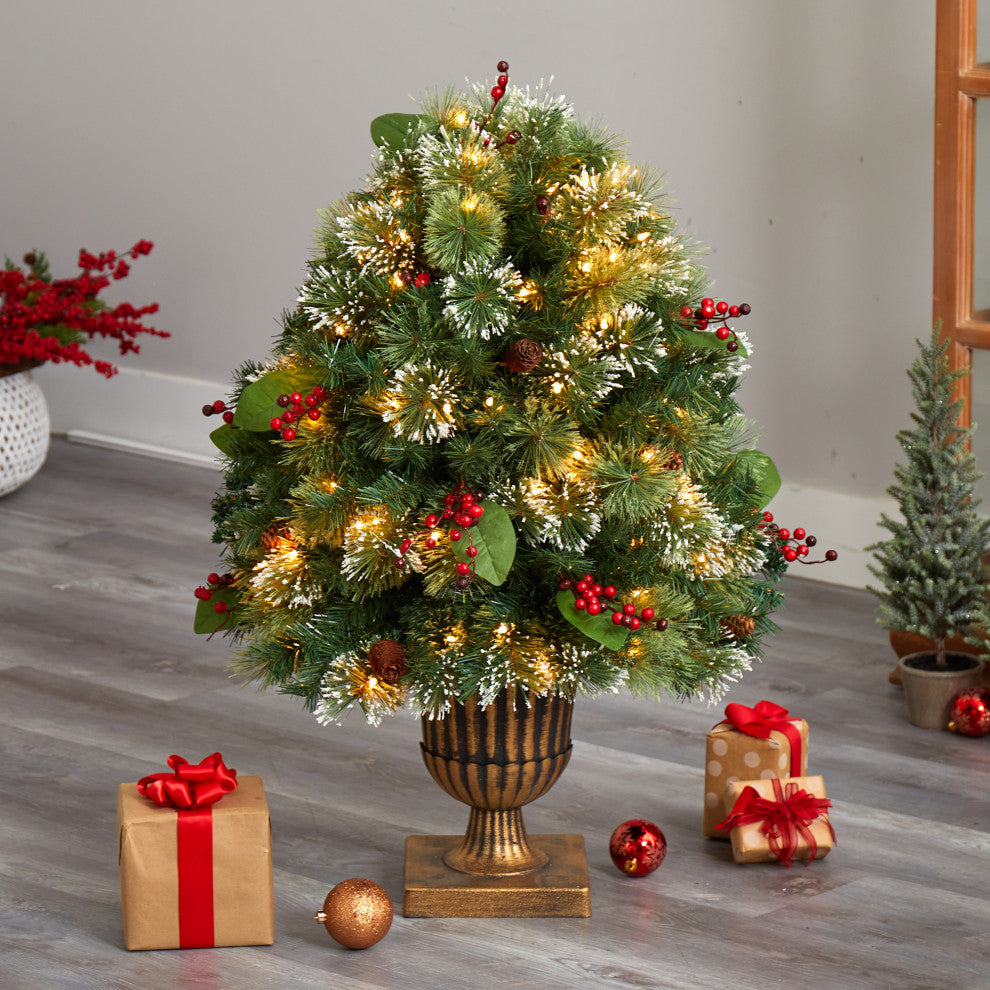 3' Holiday Pre-Lit Snow Tip Greenery, Berries and Pinecones Christmas Plant