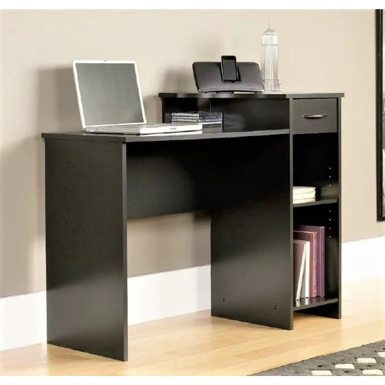 Modern Desk, Rectangular Top With Raised Shelf & Storage Drawers, Blackwood