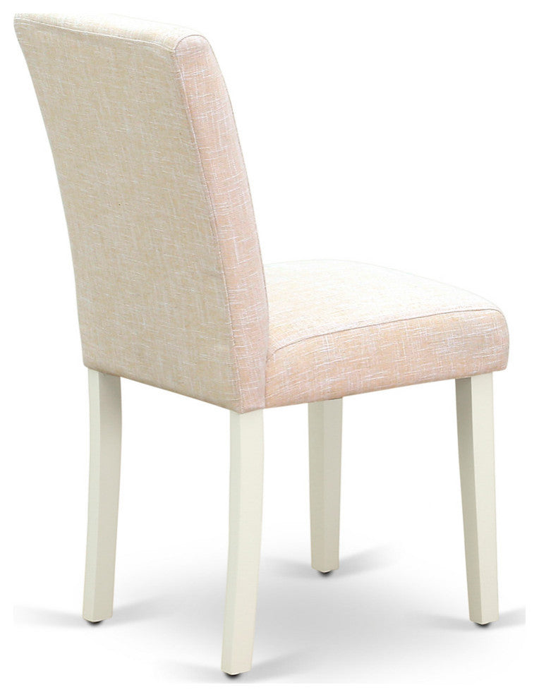 5Pc Rounded 42" Dining Table, Four Parson Chair, White Leg, Fabric Light Beige