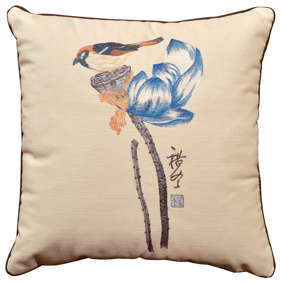 Beige Chinese Linen Bird and Lotus Flower Embroidered Pillow