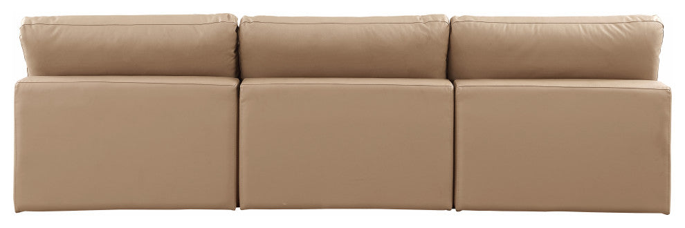 Comfy Upholstered Modular Sofa, Tan, 3-Piece: 3 Armless Chair, Vegan Leather