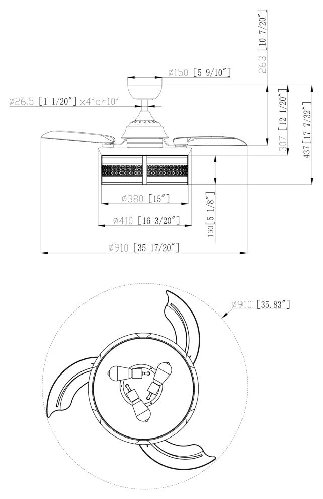 35.83 in Crystal Ceiling Fan with 3 Retractable Blades and Remote