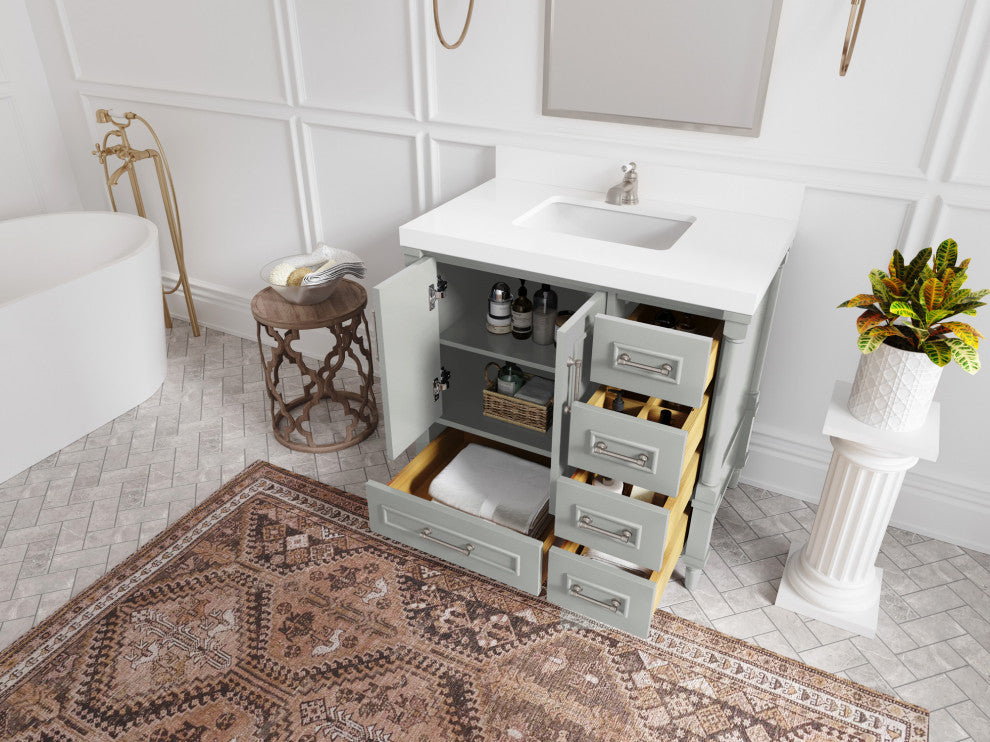 Aberdeen 36 Center Sink Bath Vanity in Coventry Gray 2" Carrara Quartz