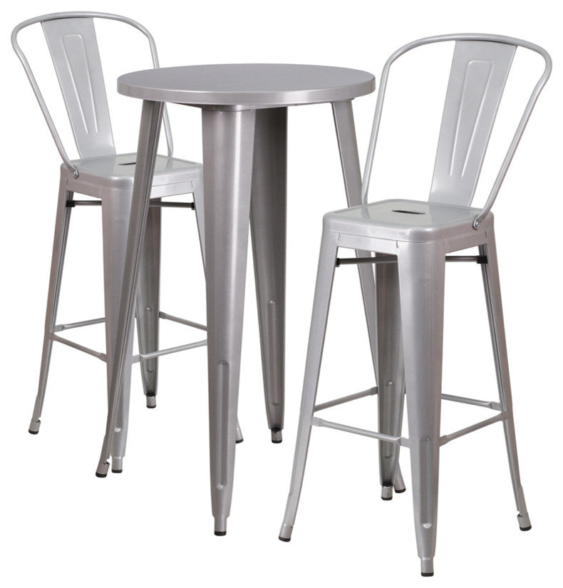 24'' Round Silver Metal Indoor-Outdoor Bar Table Set With 2 Cafe Barstools