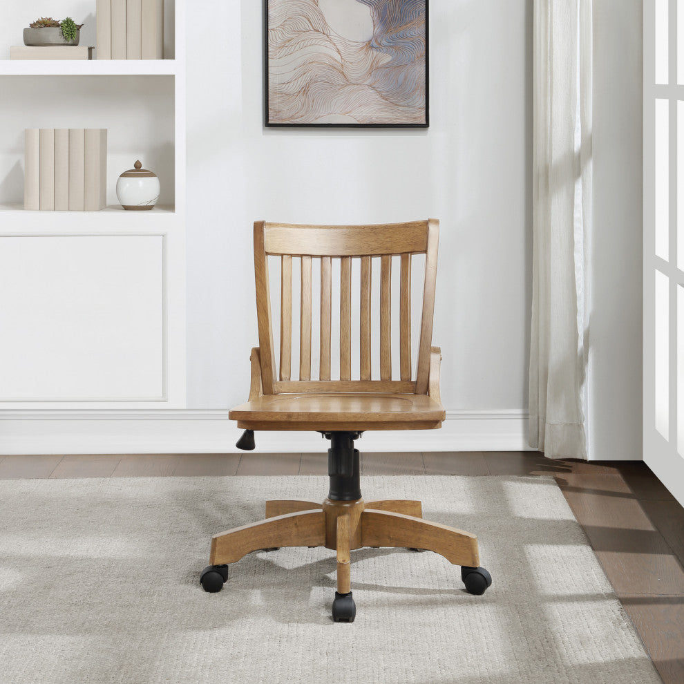 Deluxe Armless Wood Bankers Chair With Wood Seat, Medium Oak