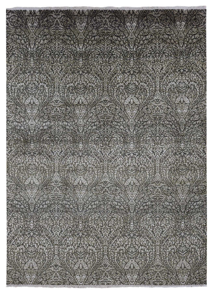 Jet Gray, Hand Knotted, Mughal Influence, Wool With Real Silk Rug, 8'8"x12'3"