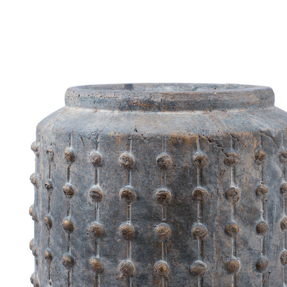 Benzara BM286298 8" Ceramic Planter, Round Curved Bubbled Texture, Gray Finish