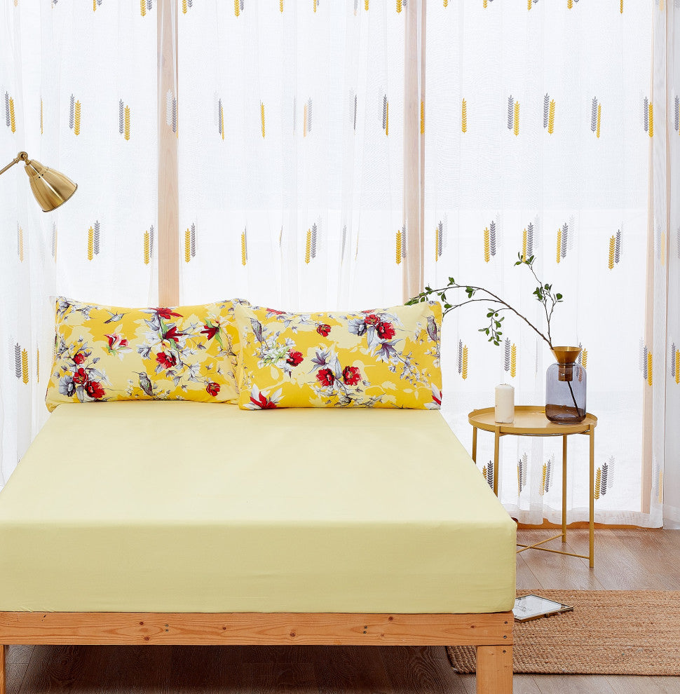 Sunshine Yellow Hummingbirds Floral Fitted & Flat Bed Sheets Set, King