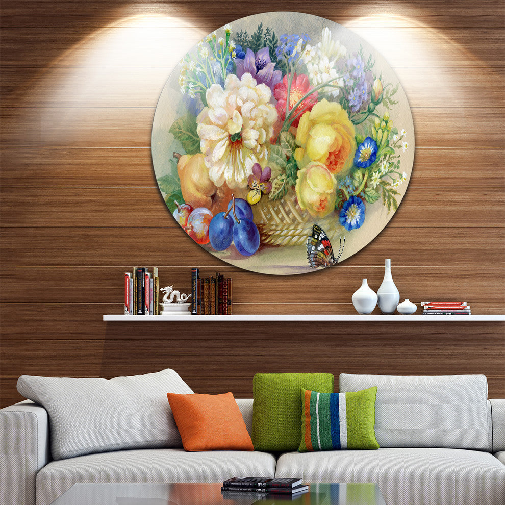 Bunch Of Flowers And Fruits, Floral Round Wall Art, 23"