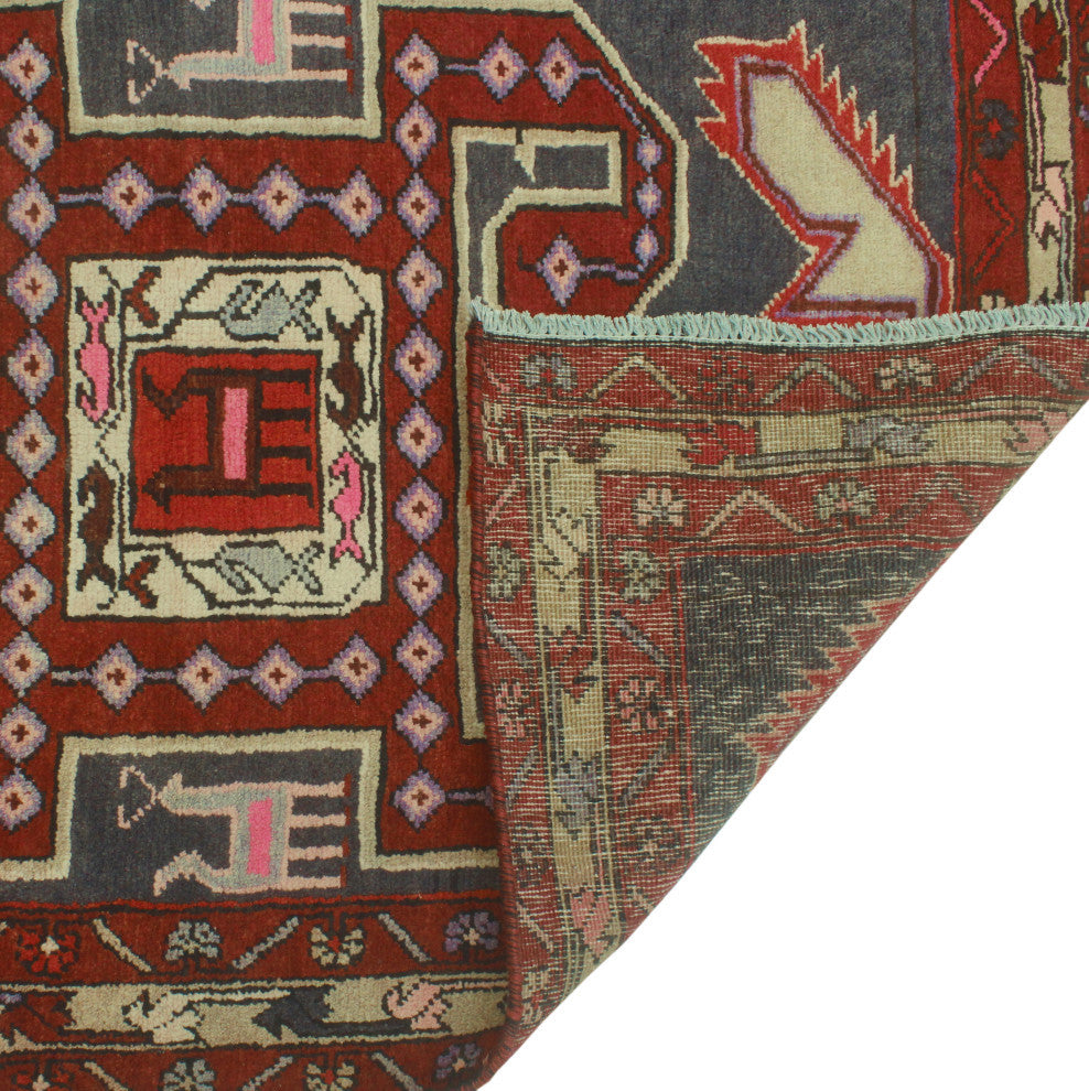 Fine Vintage Distressed Iyapo Navy/Burgundy Runner, 3'5x10'6