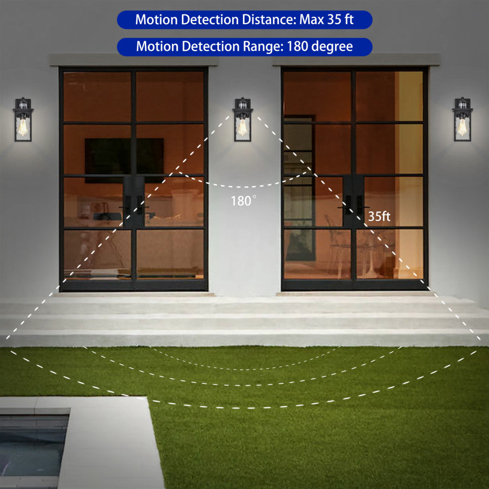 12 in. 1-Light Black Motion Sensing Wall Lantern Sconce Water Wave Glass 2PACK