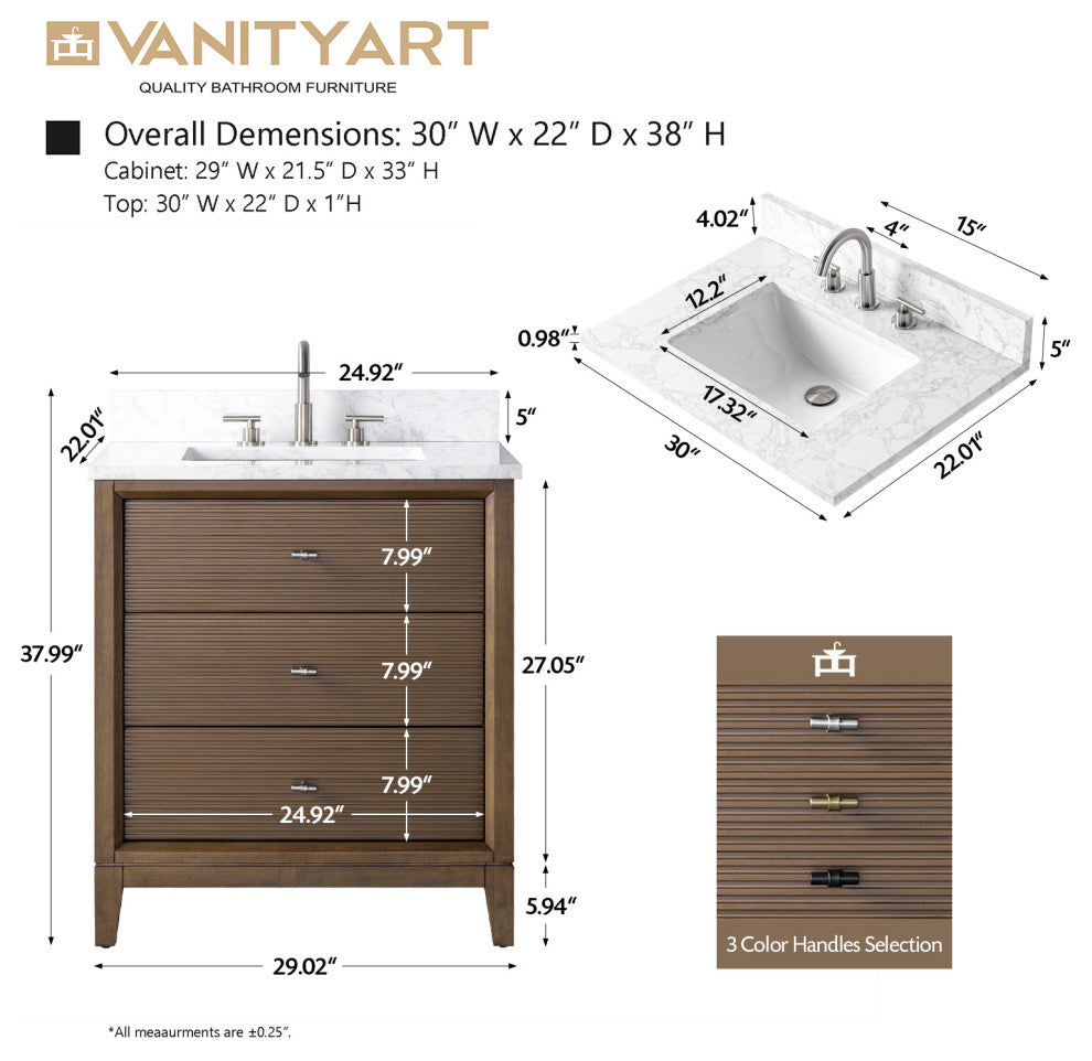 Vanity Art Bathroom Vanity with Engineered Marble Top and Sink, Walnut, 30", Golden Brushed