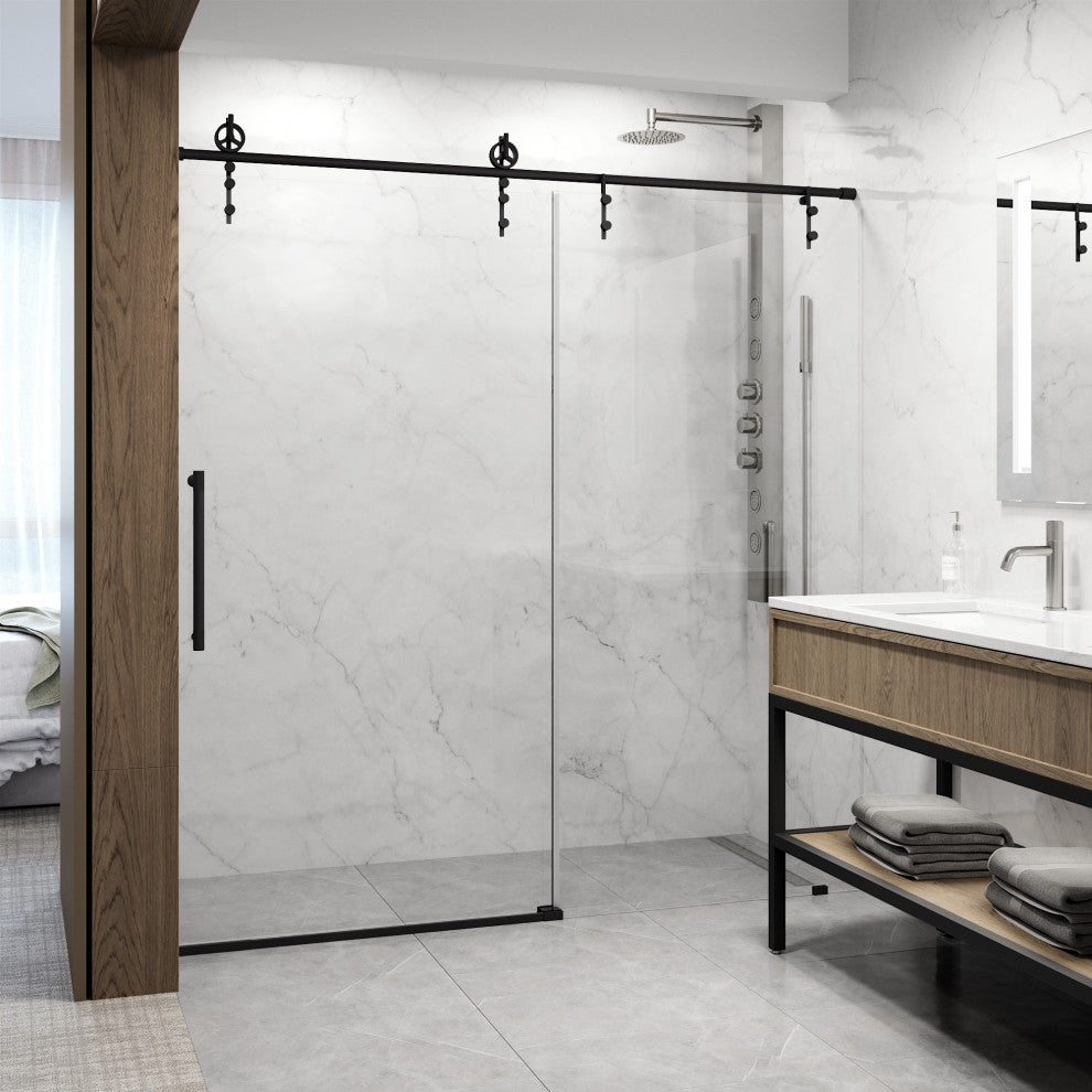 VIGO Hamilton Frameless Sliding, Matte Black, Shower Door, 56" to 60" W X 78" H, Clear Glass