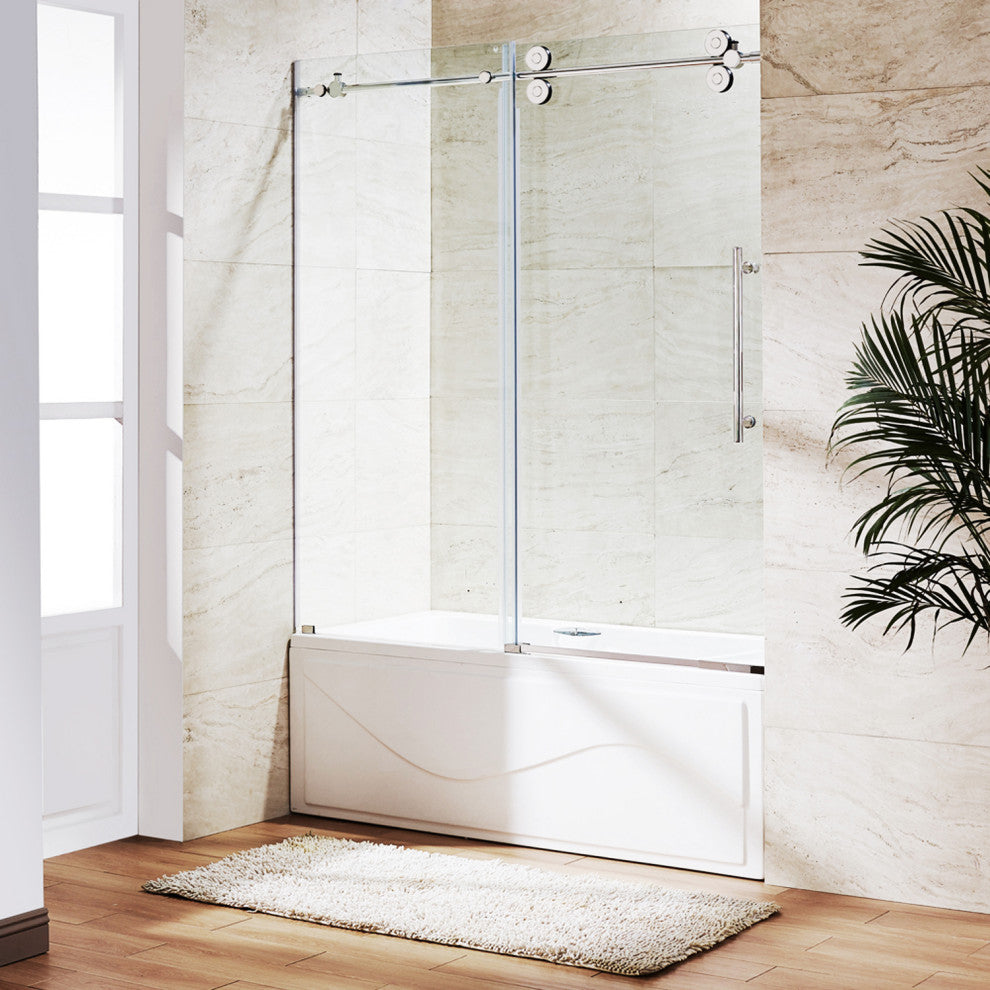 VIGO Elan 56" to 60" W x 66" H Frameless Sliding Tub Door, Chrome, Clear Glass