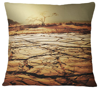 Lonely Tree in Drought Land African Landscape Printed Throw Pillow, 18"x18"