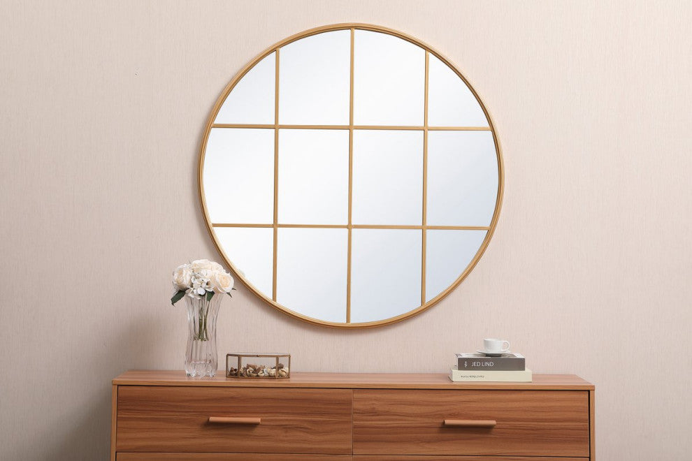 Macey Metal Windowpane Mirror, 42"x42", Brass
