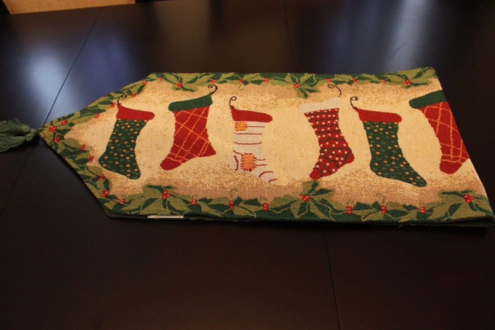 Christmas Tapestry "Hang My Stockings By The Fireplace" Table Runner, 13"x90"