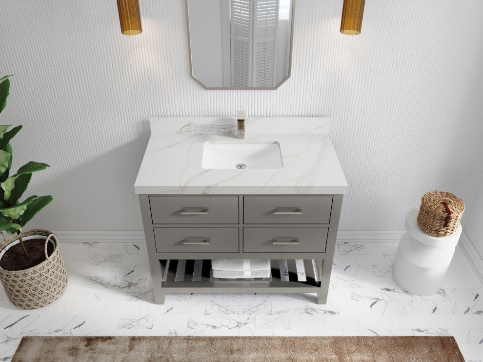 Parker 42" Single Sink Bath Vanity, Elephant Skin Gray 2" Calacatta Sienna
