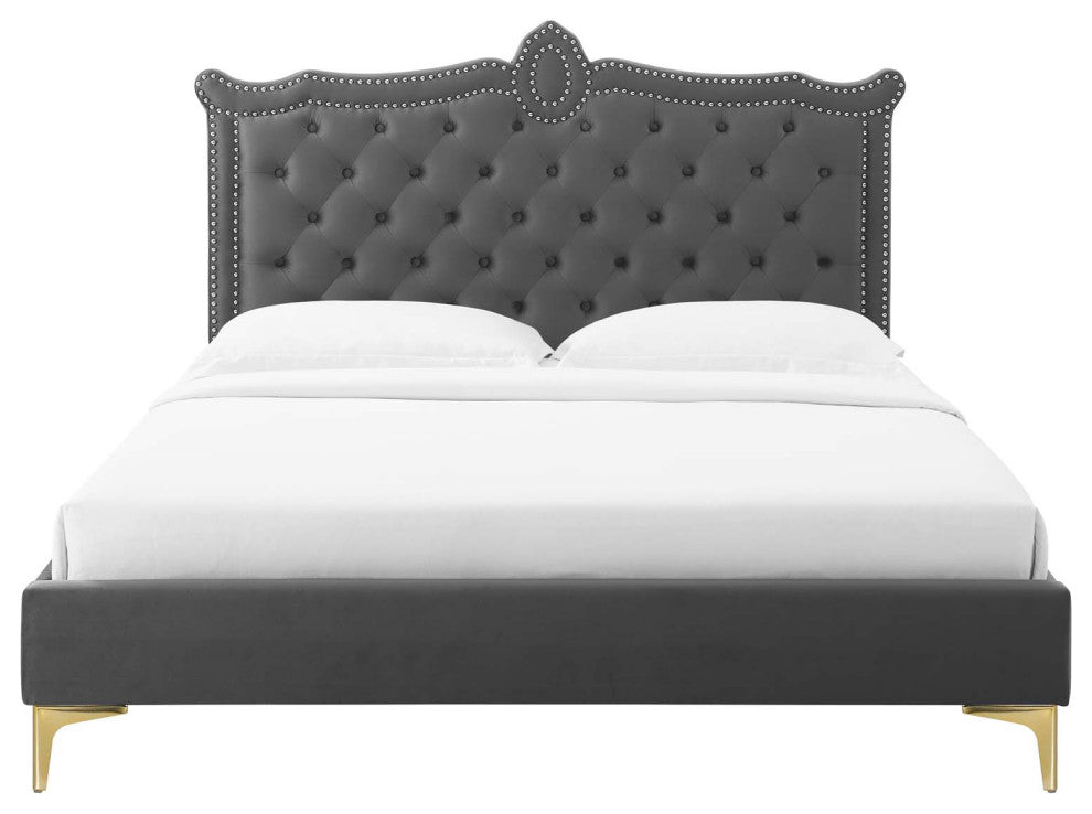 Platform Bed Frame, Nailhead, Queen Size, Charcoal Gray, Velvet, Modern