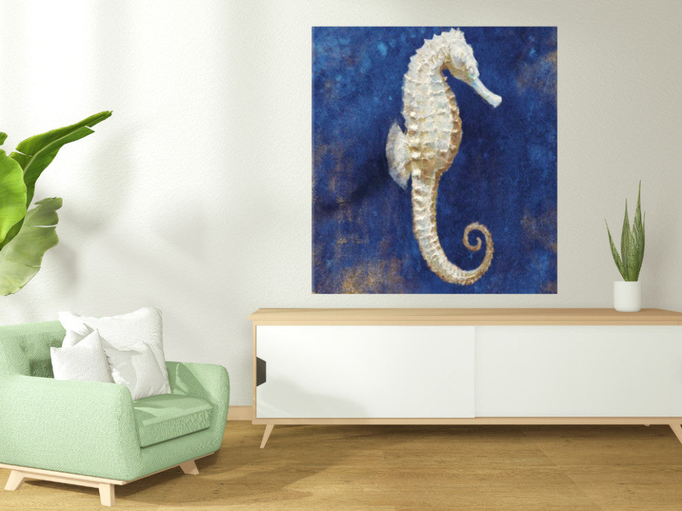 25" Rustic Deep Blue and Gold Seahorse Giclee Wrap Canvas Wall Art