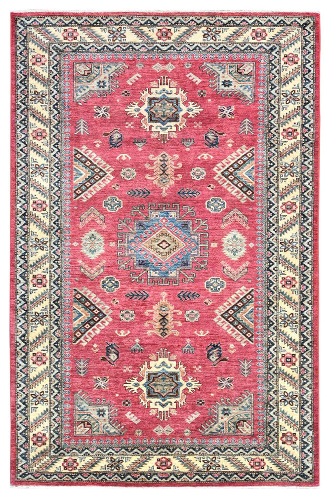 Rouge Pink, Organic Wool Hand Knotted, Afghan Super Kazak Rug, 6'0"x9'1"