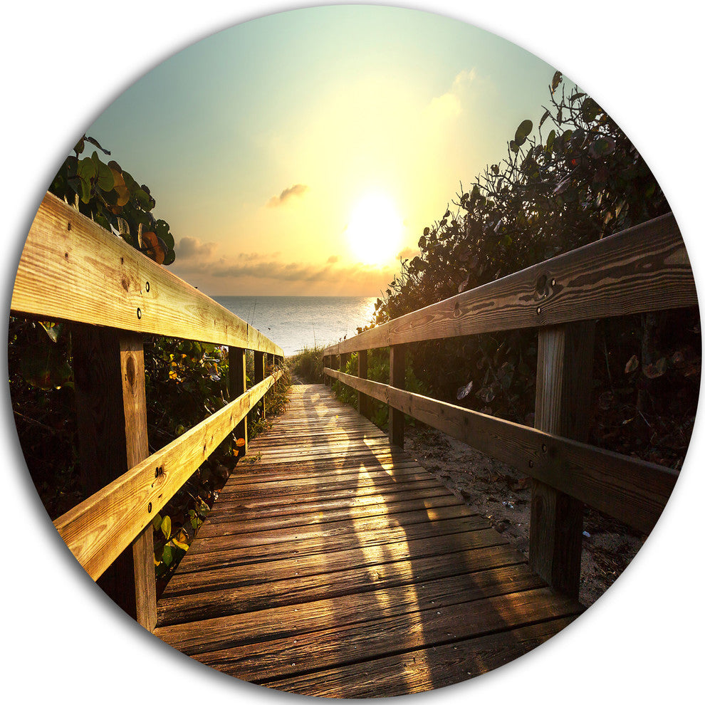 Wood Boardwalk Into The Sunset Sea, Sea Bridge Round Wall Art, 11"