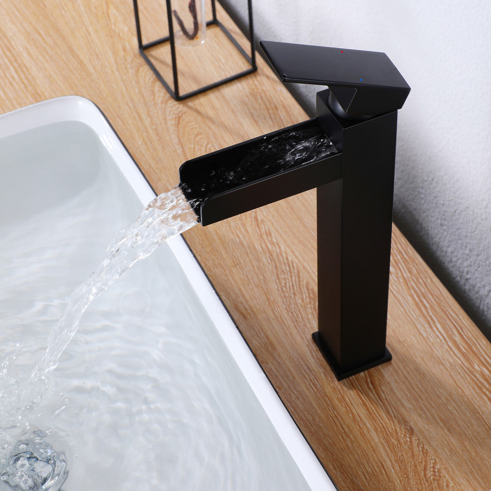 Single Hole Waterfall Bathroom Faucet, Matte Black