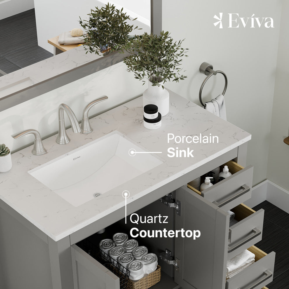 Eviva Aberdeen 36" Transitional Gray Vanity White Carrera Top and Square Sink