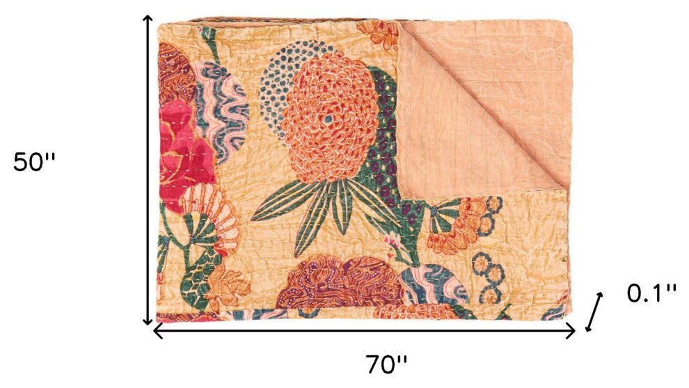 50" X 70" Orange and Red Kantha Cotton Floral Throw Blanket with Embroidery