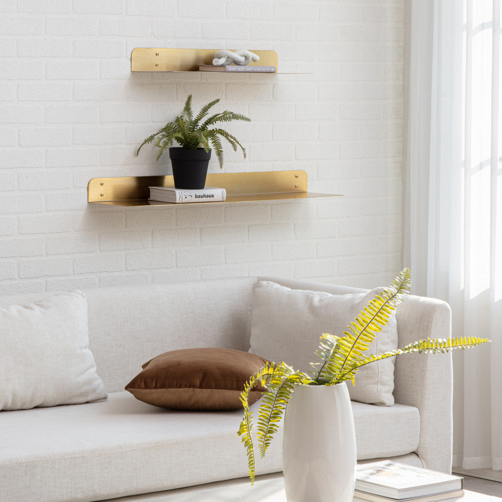 Saffron Fabs Metal Wall Shelves, Antique Brass, 2 Piece Set: 24x8 & 36x8
