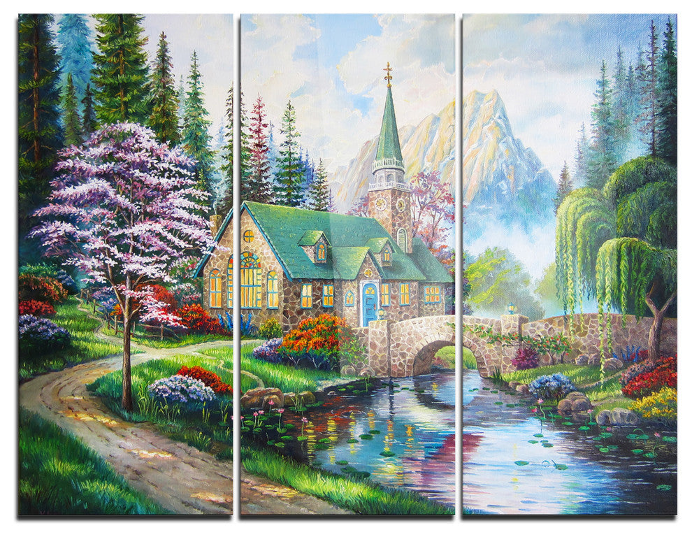 "Church in Forest Oil Painting" Painting Metal Wall Art, 3 Panels, 36"x28"