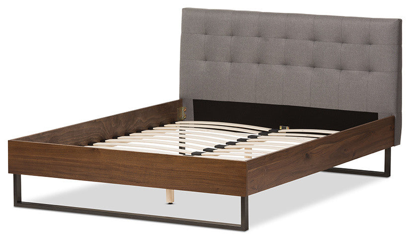 Mitchell Walnut Wood Gray Fabric Dark Bronze Metal Full Platform Bed