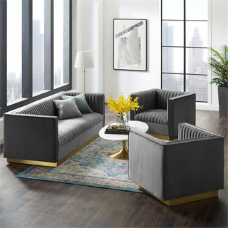 Sanguine 3 Piece Vertical Channel Tufted Upholstered Performance Velvet Set-Gray