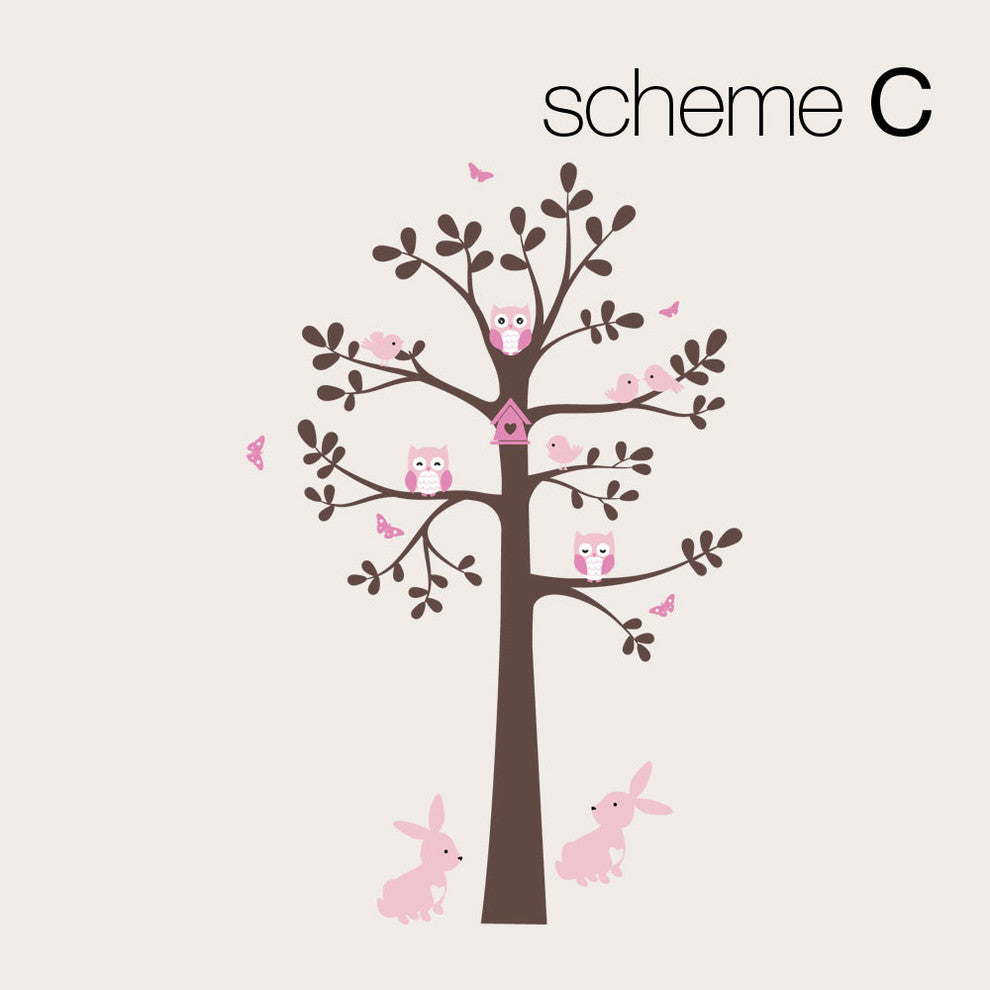 Tree Wall Decal With Animals, Owl Rabbit Bird Tree Wall Decal, Scheme C, Standar