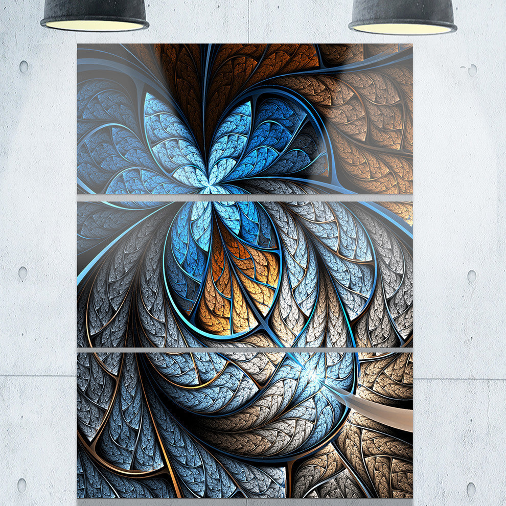 "Blue Brown Fractal Flower Pattern" Digital Metal Wall Art, 3 Panels, 28"x36"
