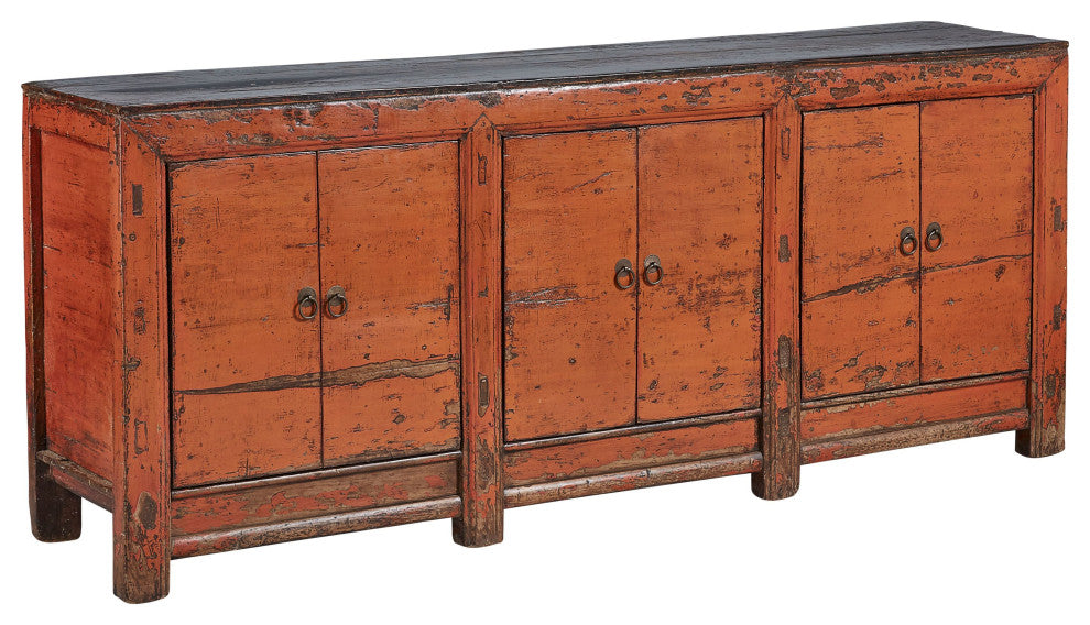 Antique 81-inch Amber Sideboard in Distressed Pine, Orange & Black