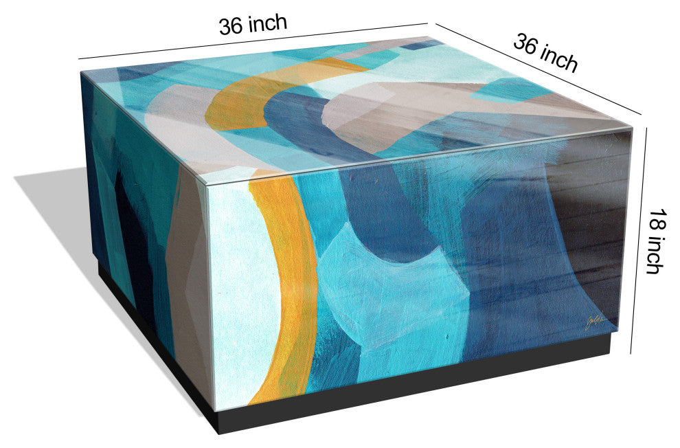 "Puzzle Blues" Reverse Printed Glass Side Table with Black Plinth Base Set of 2