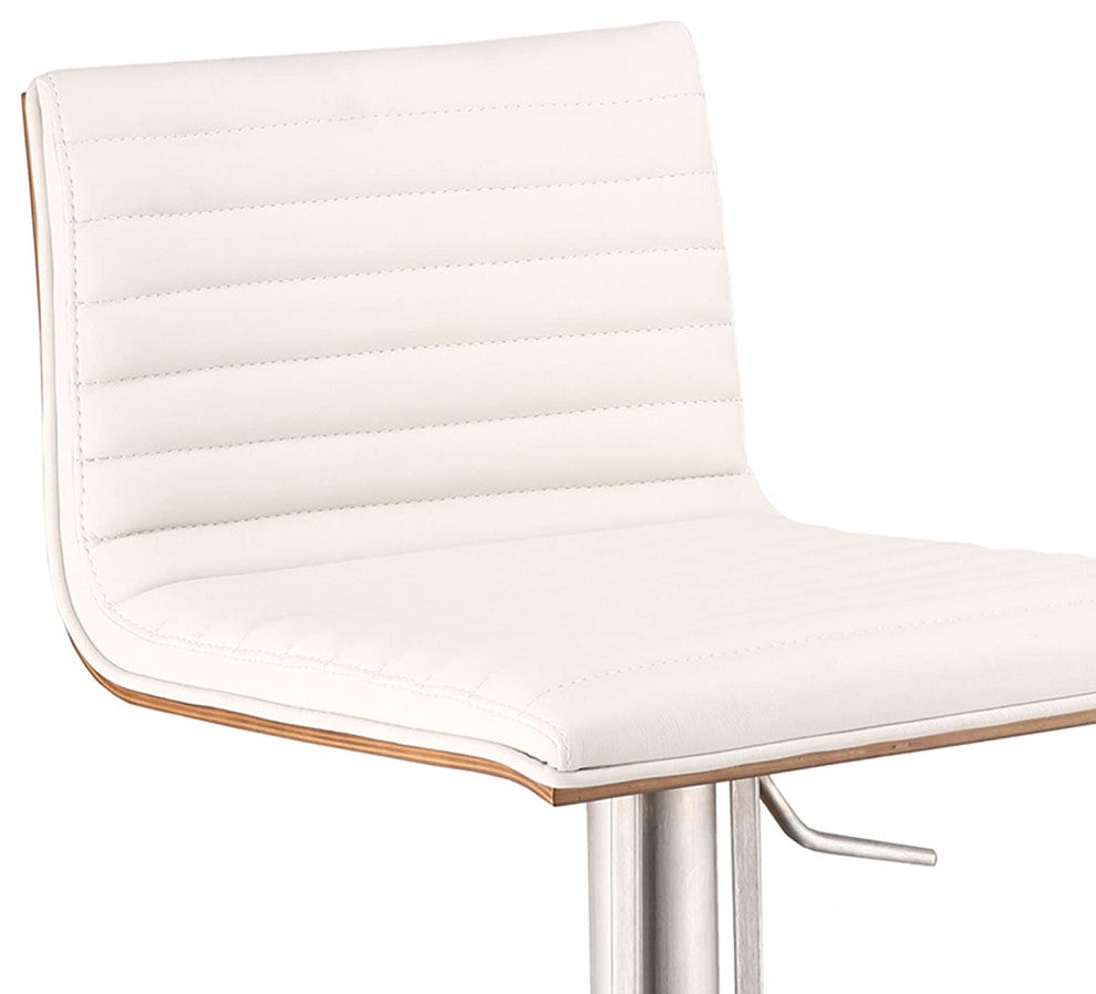 Elegant Bar Stool, Brushed Stainless Steel Base and Tufted PU Leather Seat, Whit